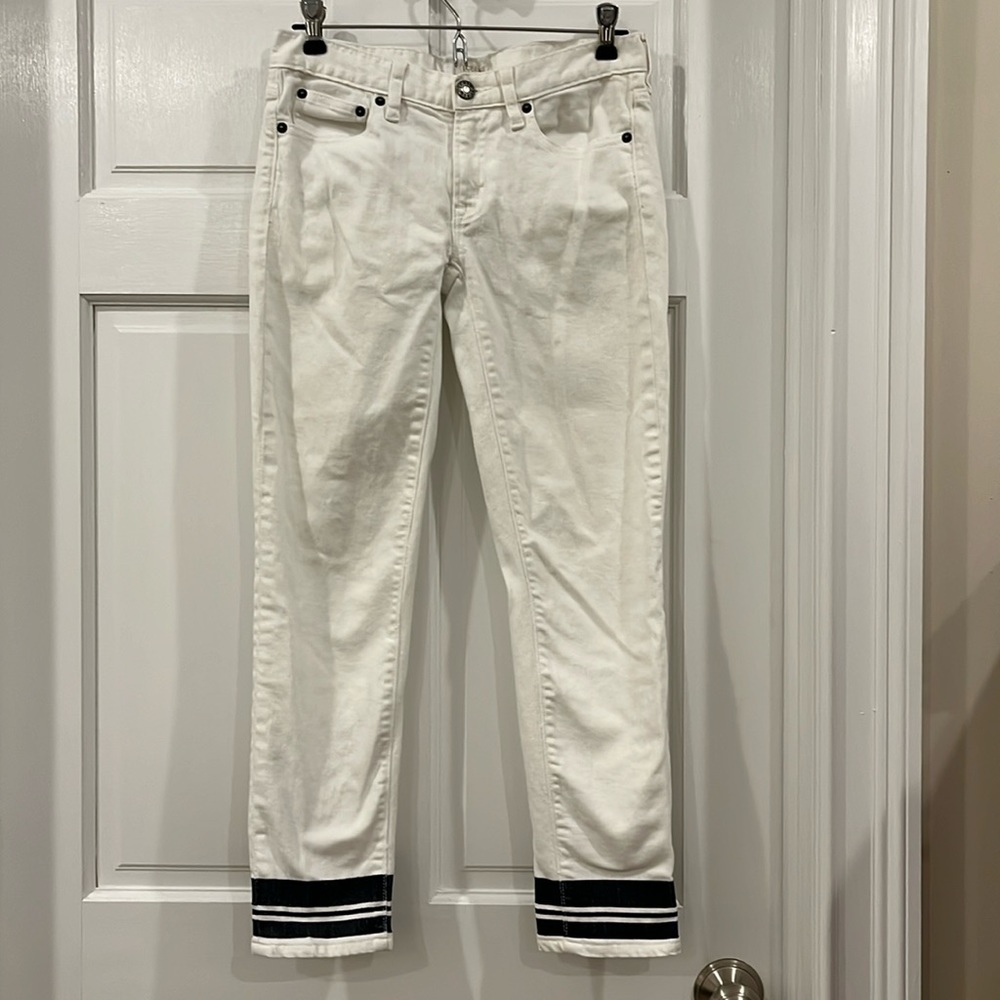 JCrew white ankle jeans with navy detailing at ankle